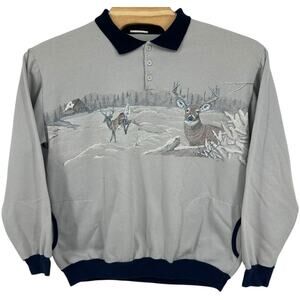 VTG 80s Women's Blue Art Unlimited Deer Buck Winter AOP Crewneck Sweatshirt 2XL